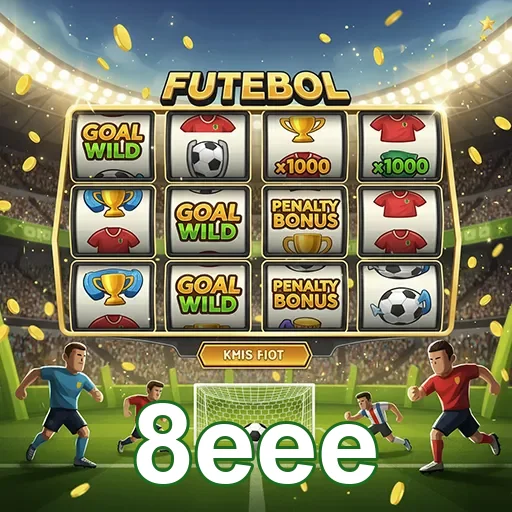Imagem do jogo de slots de futebol no site 8eee, com símbolos relacionados ao esporte.